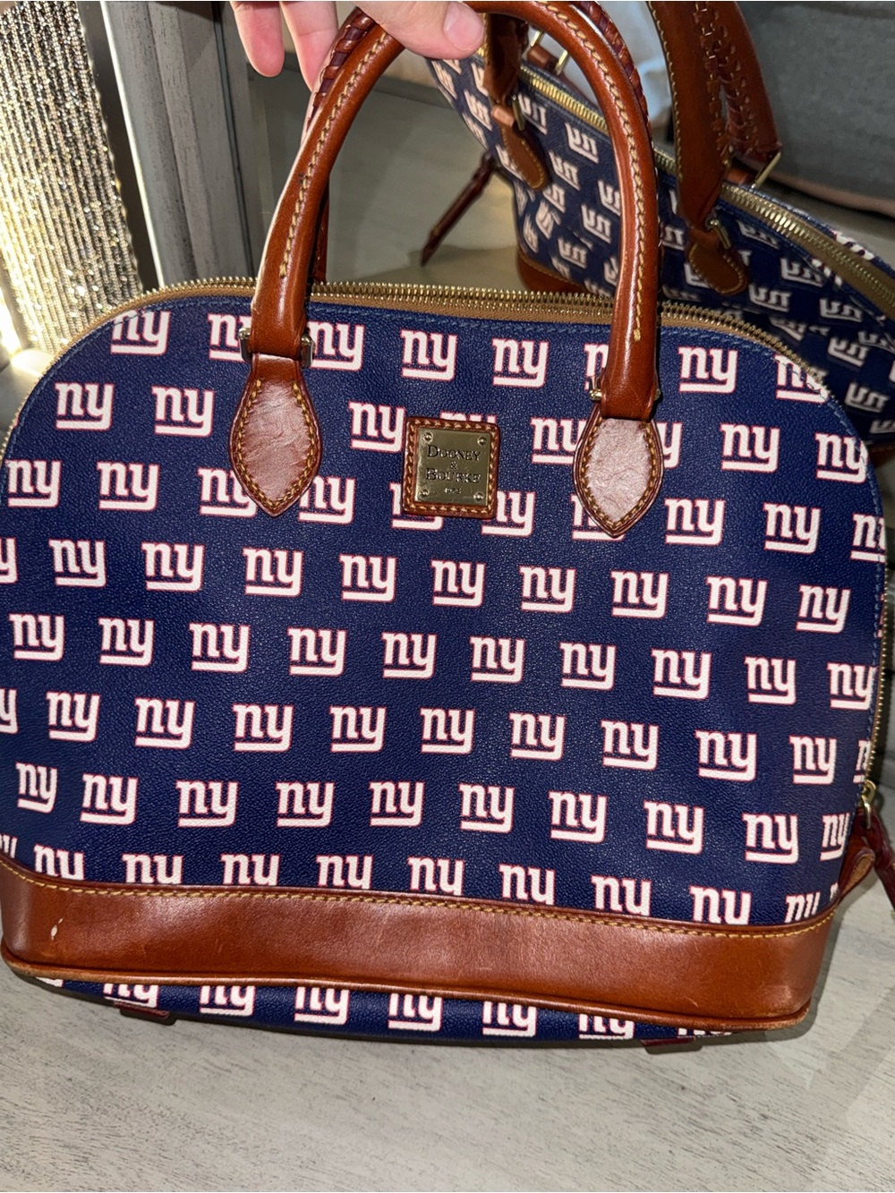 Dooney & Bourke Navy NY Giants Logo Satchel with Brown Trim and Red Interior - Picture 3 of 14